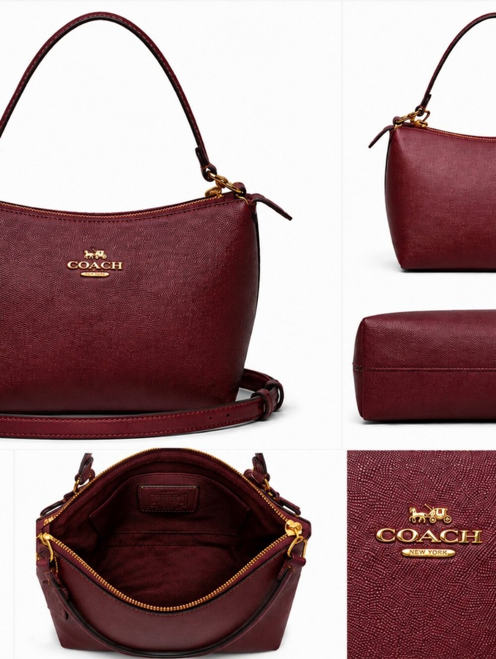 COACH Burgundy Pebbled Leather Mini Shoulder/Crossbody Bag with Gold Hardware